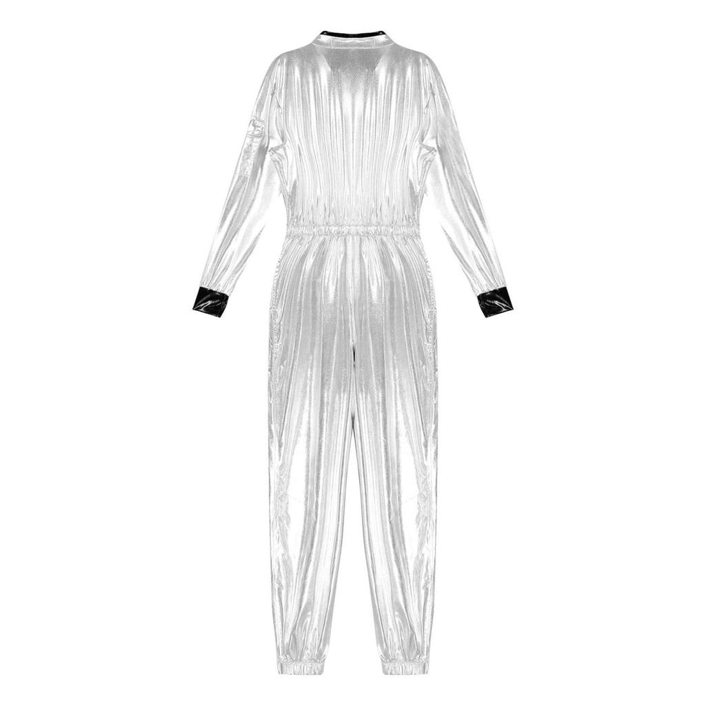 Женский костюм астронавта для ролевых игр, костюм на Хэллоуин, металлический блестящий комбинезон с длинным рукавом и боди на молнии