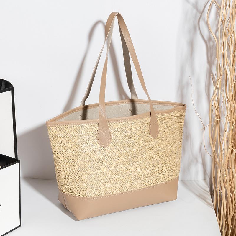 Повседневная и модная женская сумка-тоут из соломы с контрастной цветной вставкой, новая женская сумка класса люкс большой вместимости.