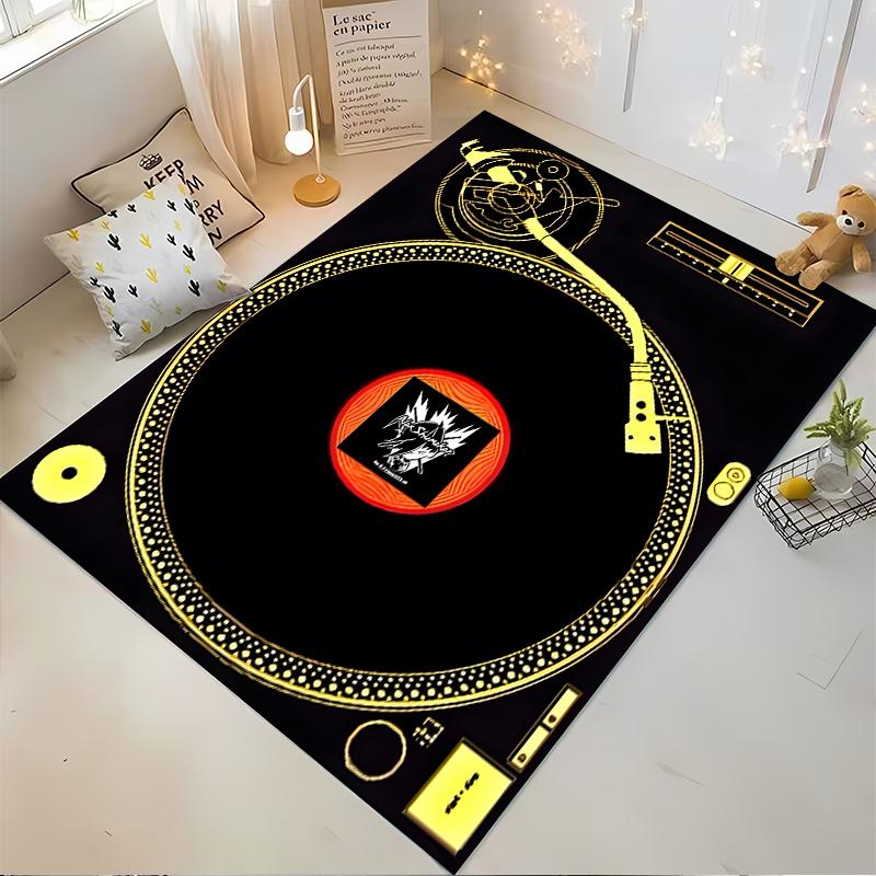 Turntable Design Rug with Gold Black Pattern Non-slip rug suitable for living room and bedroom sofas