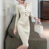 Autumn New Slim Temperament Hollow Party Sexy Dress Women V-neck Mid Length Casual Knitted Dress for Women Fashion Long Sleeve Casual Dresses 25985