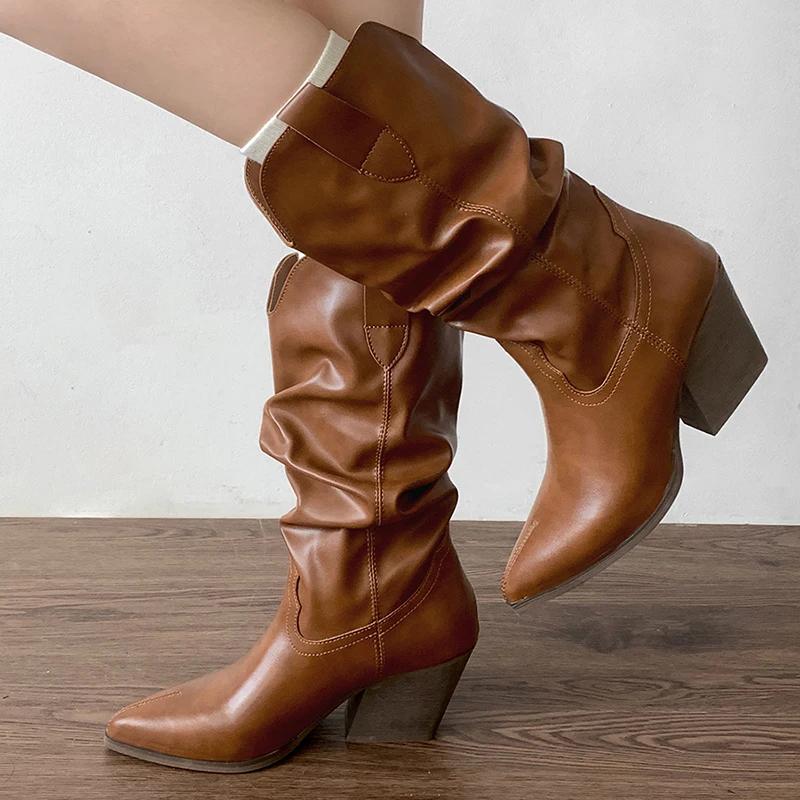 Винтажные женские сапоги-ковбойши с острым носком, модные туфли без застежек, осень-зима, на толстом каблуке, женские полусапожки до середины голени