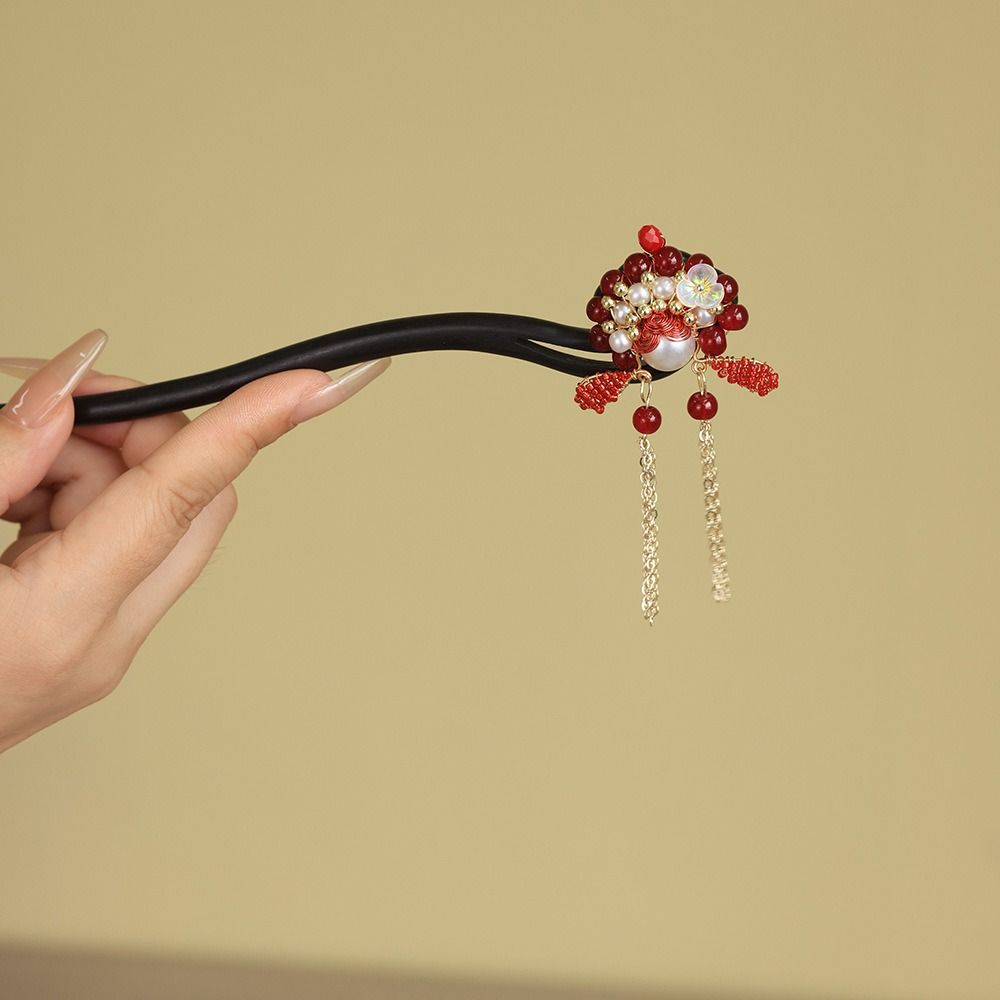 Tassel Wooden Hair Stick Red Hanfu Hairpin Beijing Opera Hair Accessories  Hair Chopstick
