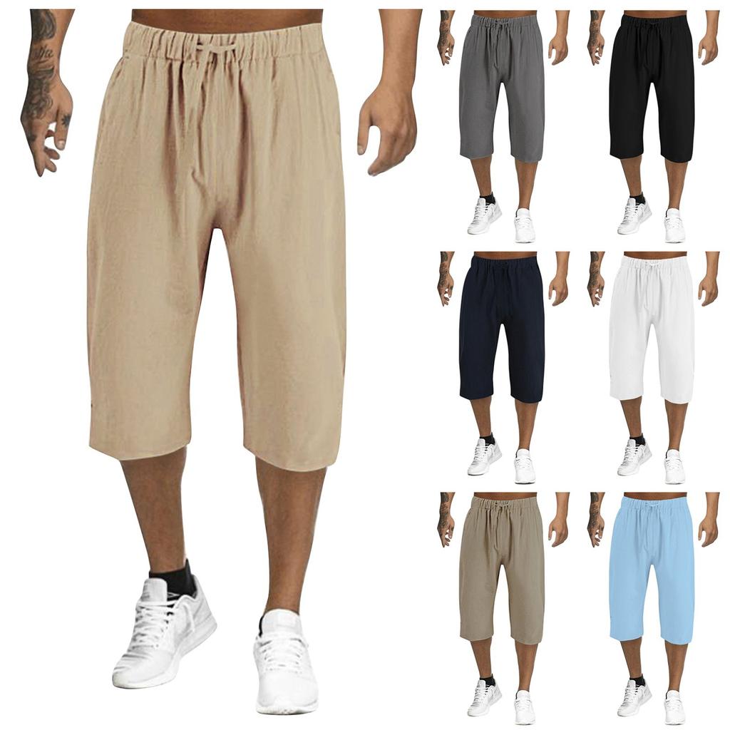 Men's Summer Cotton Linen Cropped Pants Men's Breathable Thin Straight Leg Pants