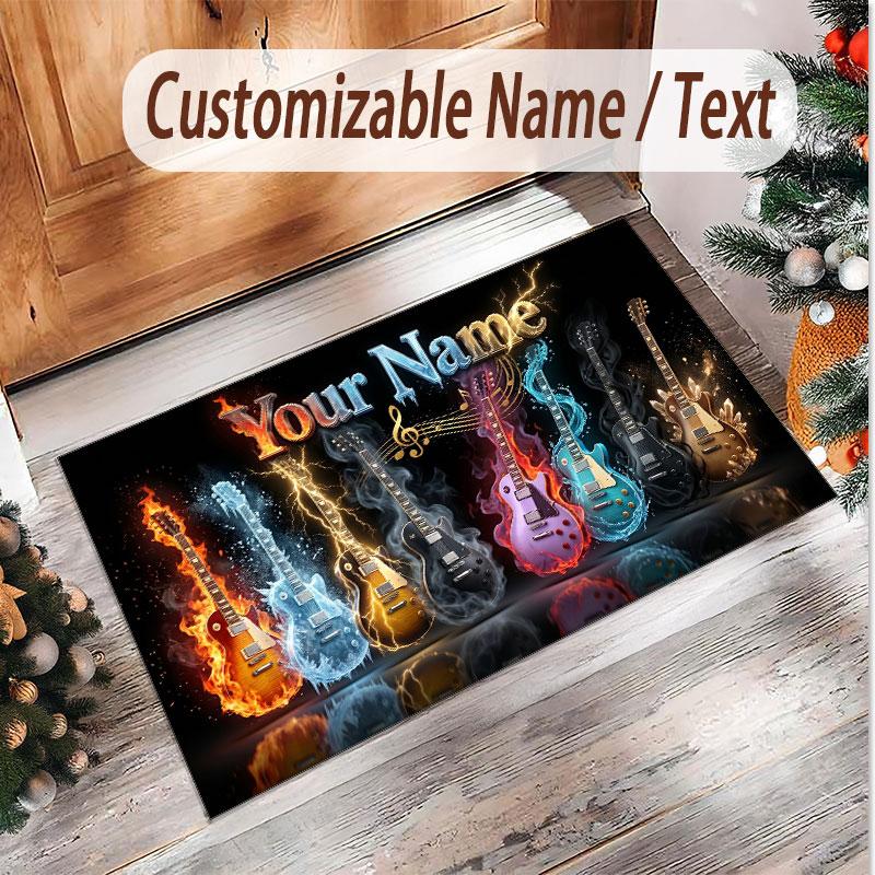 Music Guitar Theme Soft Crystal Velvet Rug Custom Name & Text Print Non Slip Floor Rug for Bedroom Living Room