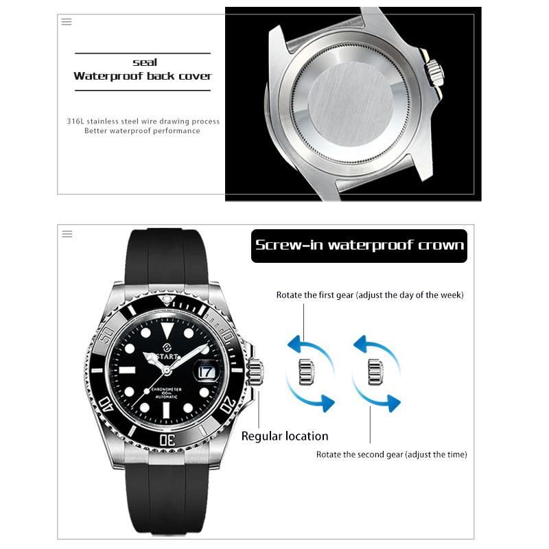 Start Men's Watch Diving Watch Luminous Waterproof Automatic Mechanical Watch Calendar Function Sports Men's Watch