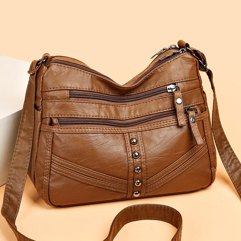 Women's Soft Leather Large Capacity Shoulder Bag Multi-Compartment Middle-Aged Mother Crossbody Bag