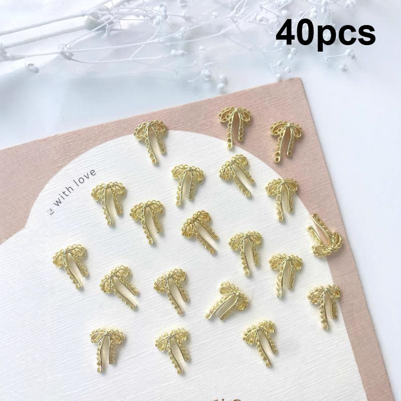 40pcs New 3D Silver/Gold/Grey Metal Lace Openwork Nail Bowtie Decoration DIY Bows Nail Art Charm Ribbon Nail Accessories Ins