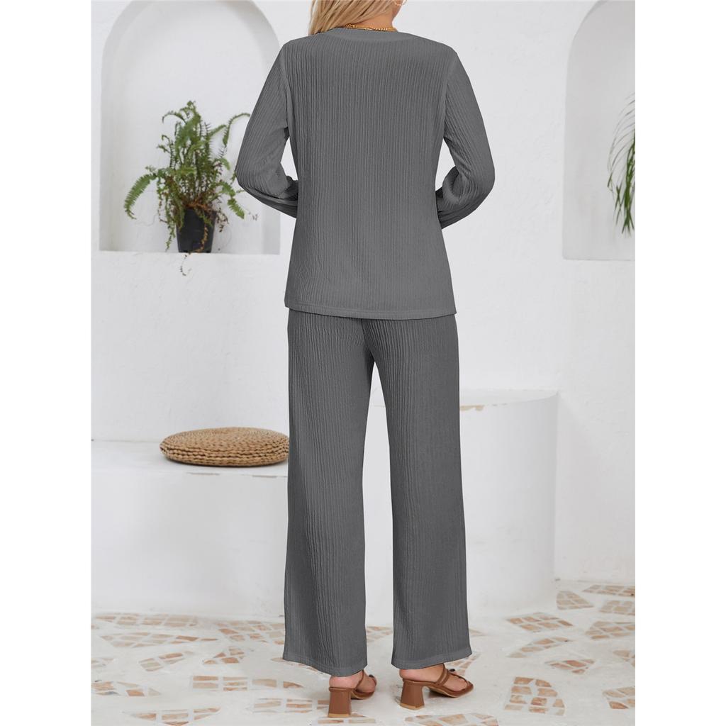 Женские комплекты свободного покроя из трикотажного жаккарда с длинными рукавами и круглым вырезом, брюки с высокой талией и завязками