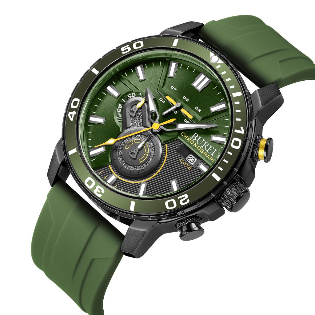 Часы Аналоговый хронограф Кварцевые часы Зеленый уретановый ремень Водонепроницаемые часы с датой Подарочные [BUREI] Мужские Мужские Мужские