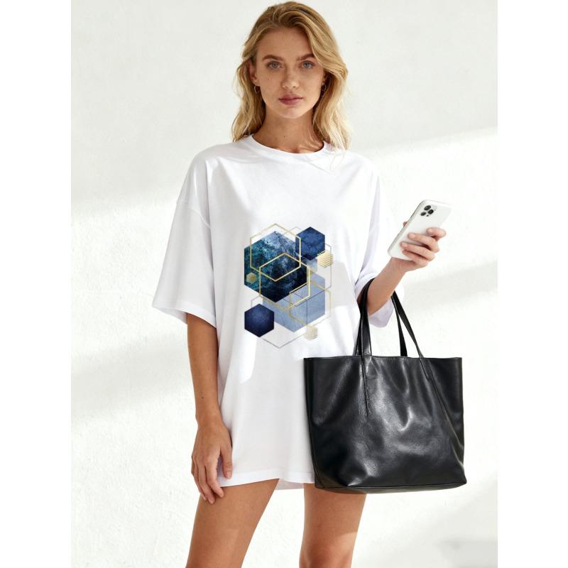 Women's Short-Sleeve T-Shirt with Blue and Gold Geometric 3D Hexagon Patchwork Art Print