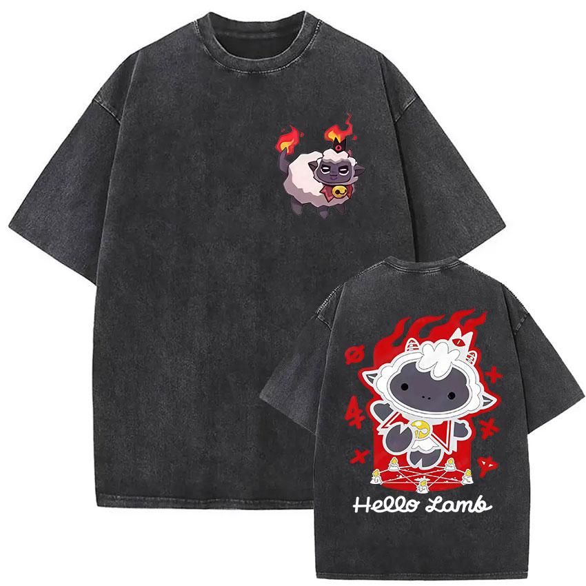 Vintage Washed Cult of The Lamb Game Fans Print T Shirts Men Women Casual Fashion 100 Cotton Short Sleeve Tshirt Tops Clothing