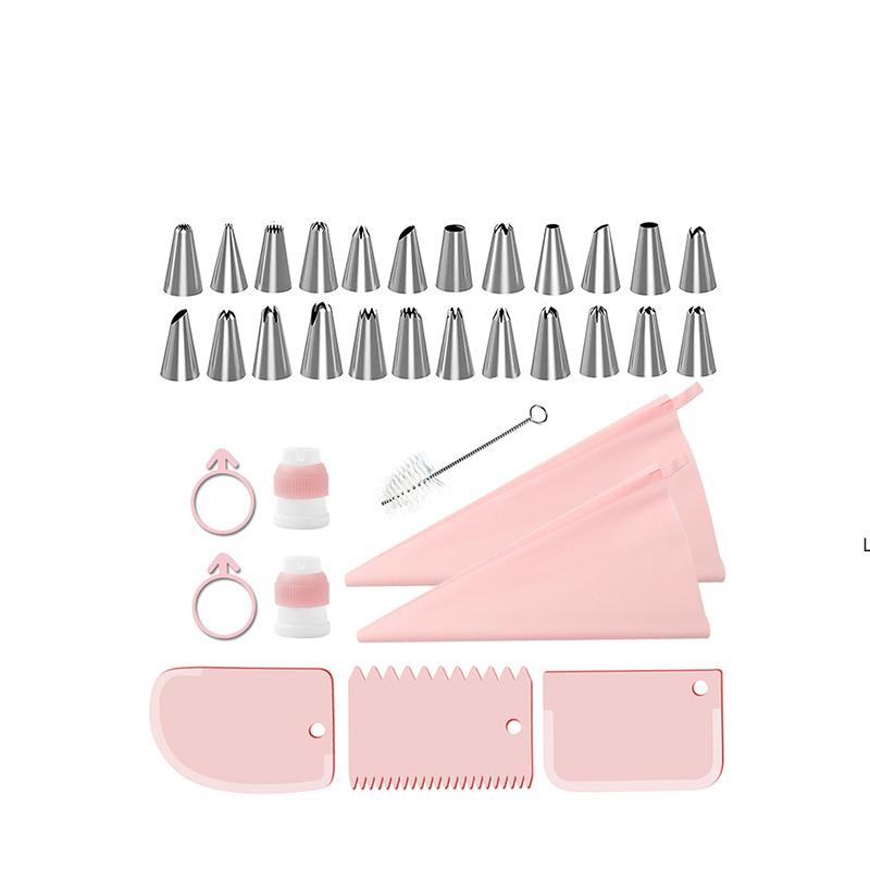 LMETJMA 34 шт. Набор кондитерских мешков и насадок 24 насадки из нержавеющей стали 2 многоразовых силиконовых кондитерских мешка 3 разглаживателя глазури 1 кисть для труб