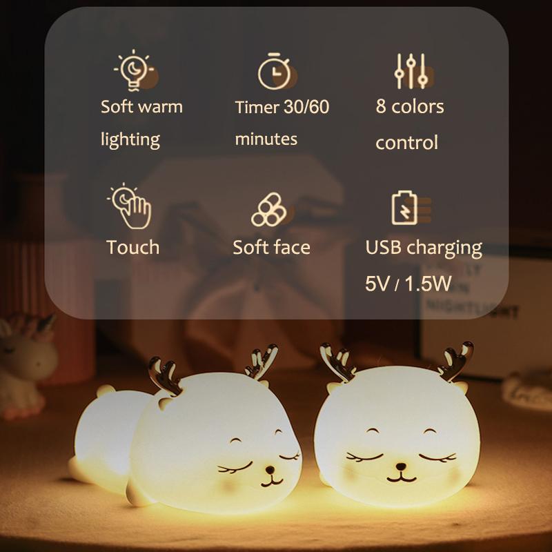 Cute Elk Night Light for Kids Nursery Soft Silicone Baby Nightlight USB Rechargeable 7 Color Touch Lamp Children Room Decor Gift