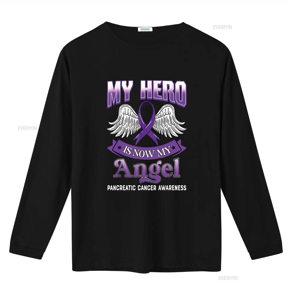Womens My Hero Is Now Angel Pancreatic Cancer Awareness Ribbon T Shirt Black 2X Large vintage Washed fashion Stretched