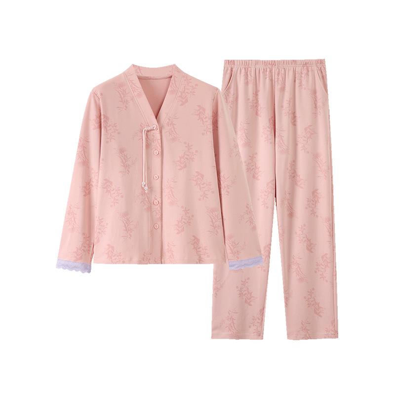 Pure cotton pajamas women's spring and autumn long-sleeved cardigan women's autumn new Chinese V-neck national style loungewear large size set