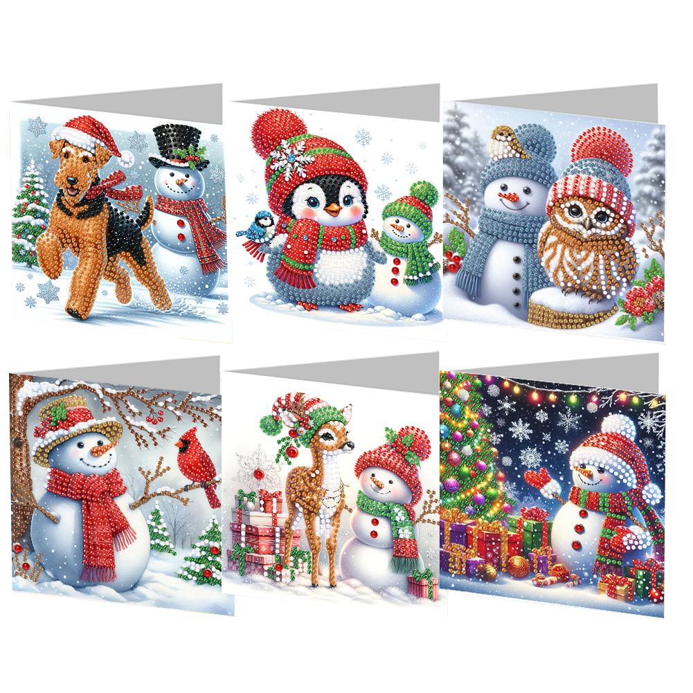 6Pcs Snowman Diamond Handmade Card Rhinestone Painting Card Kit Diamond Painting Greeting Card for Family Friends Gift