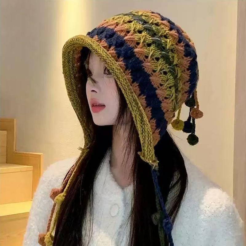 1 шт. Вязаная крючком цветная шапка для женщин, зимняя, вязаная шапка-бини с ушками, кисточкой, помпоном