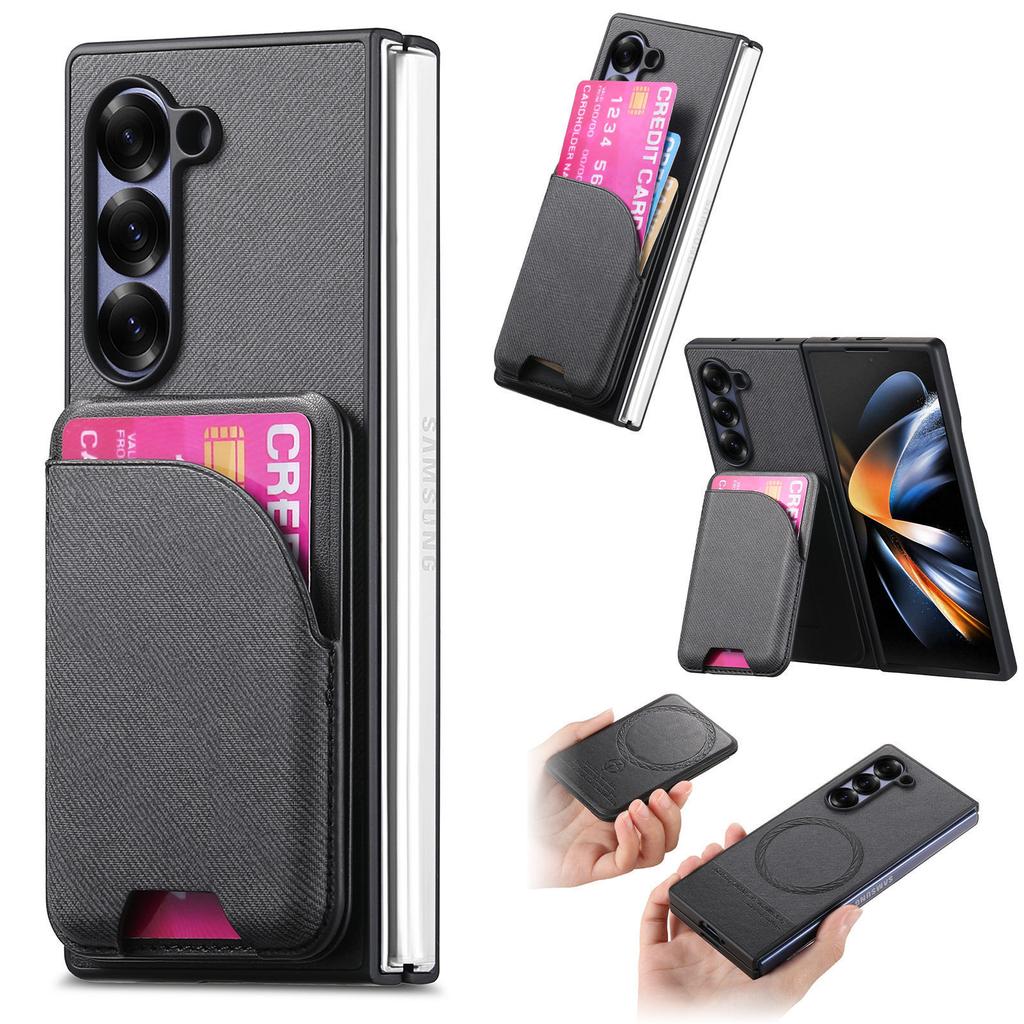 Применимо к чехлу для мобильного телефона Samsung Z Fold7/6 5/4/3 с магнитной сумкой для карт и подставкой 2 в 1, защитный кожаный чехол для складного экрана