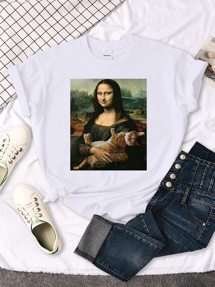 Mona Lisa T Shirts Funny Cat Lovely Cute Printed TShirt for WomenS Crewneck Gothic Women Tshirt Casual Female Tee Shirts