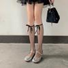 Japanese Lace Up Ribbon Bowknot Over Calf Socks for Women Gothic Hollow Out Sheer Fishnet Mesh Ultrathin Long Stockings