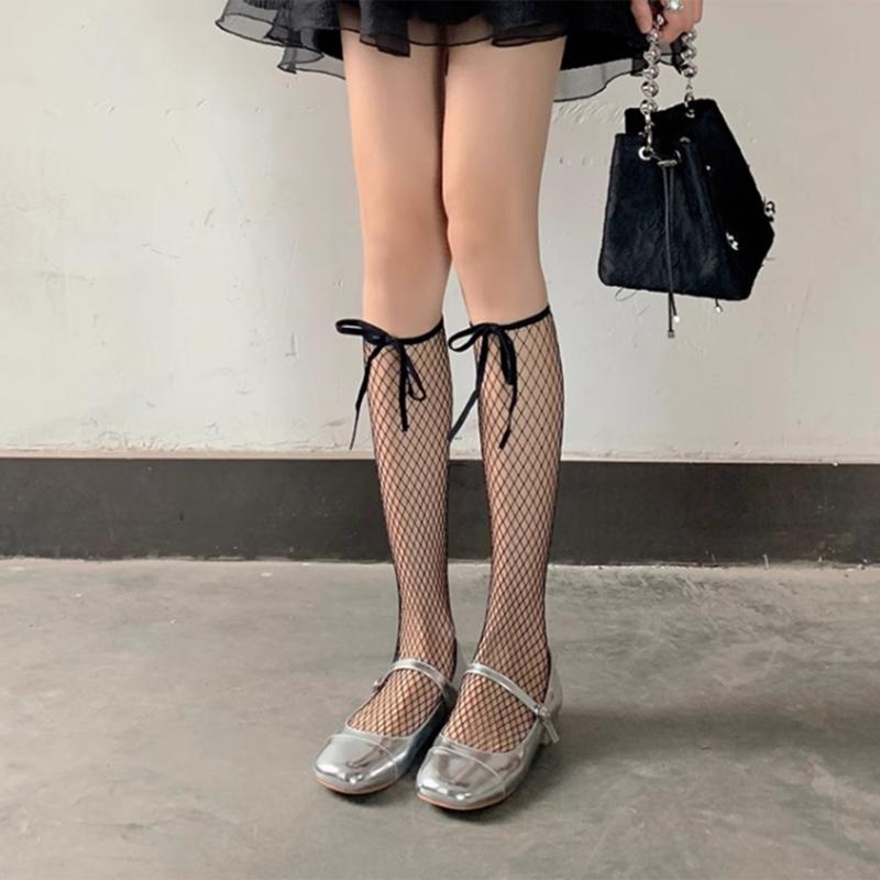 Japanese Lace Up Ribbon Bowknot Over Calf Socks for Women Gothic Hollow Out Sheer Fishnet Mesh Ultrathin Long Stockings