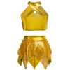 Костюм для джазового танца для девочек, блестящие пайетки, металлический кроп-топ, дизайн с перекрещенным вырезом, асимметричная юбка, наряд для выступления и соревнований