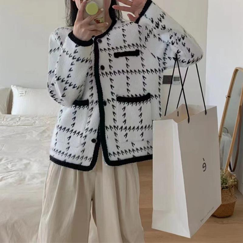 Осенне-зимняя мода круглый вырез карманы длинный рукав свободный твидовый женский кардиган куртка