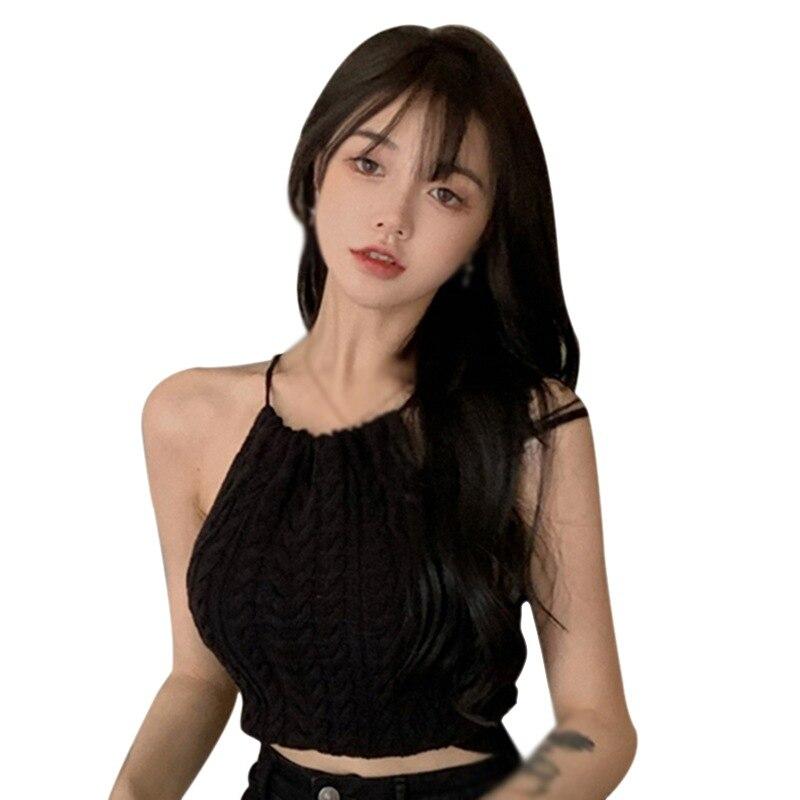 Woman Sling Short Vest Knitted Sleeveless V-Neck Hollow Out Slim Vests Summer Female Elastic Fashion Backless Tank Top