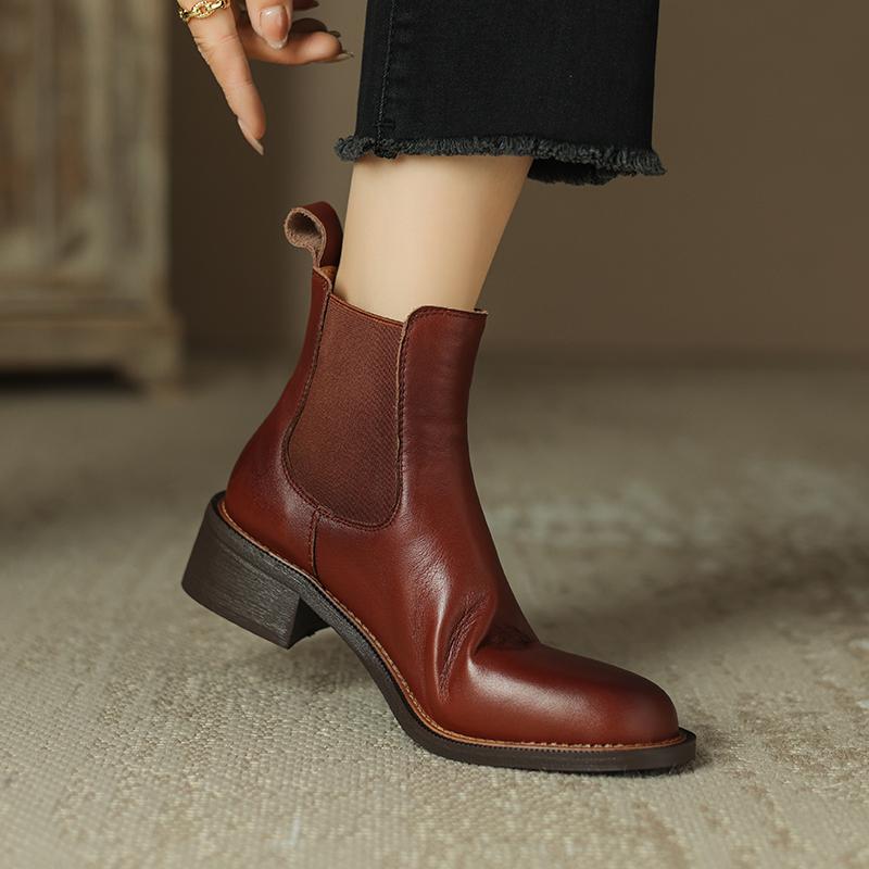 Krazing Pot Cow Skin Autumn Winter Shoes Concise Thick Heels Size 43 Size 42 Chelsea Boots Round Toe Slip On Retro Ankle Boots