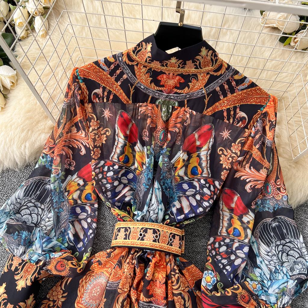 Spring Summer Women Vintage Palace Print Runway Dress Oversize Loose Long Maxi Party Dresses