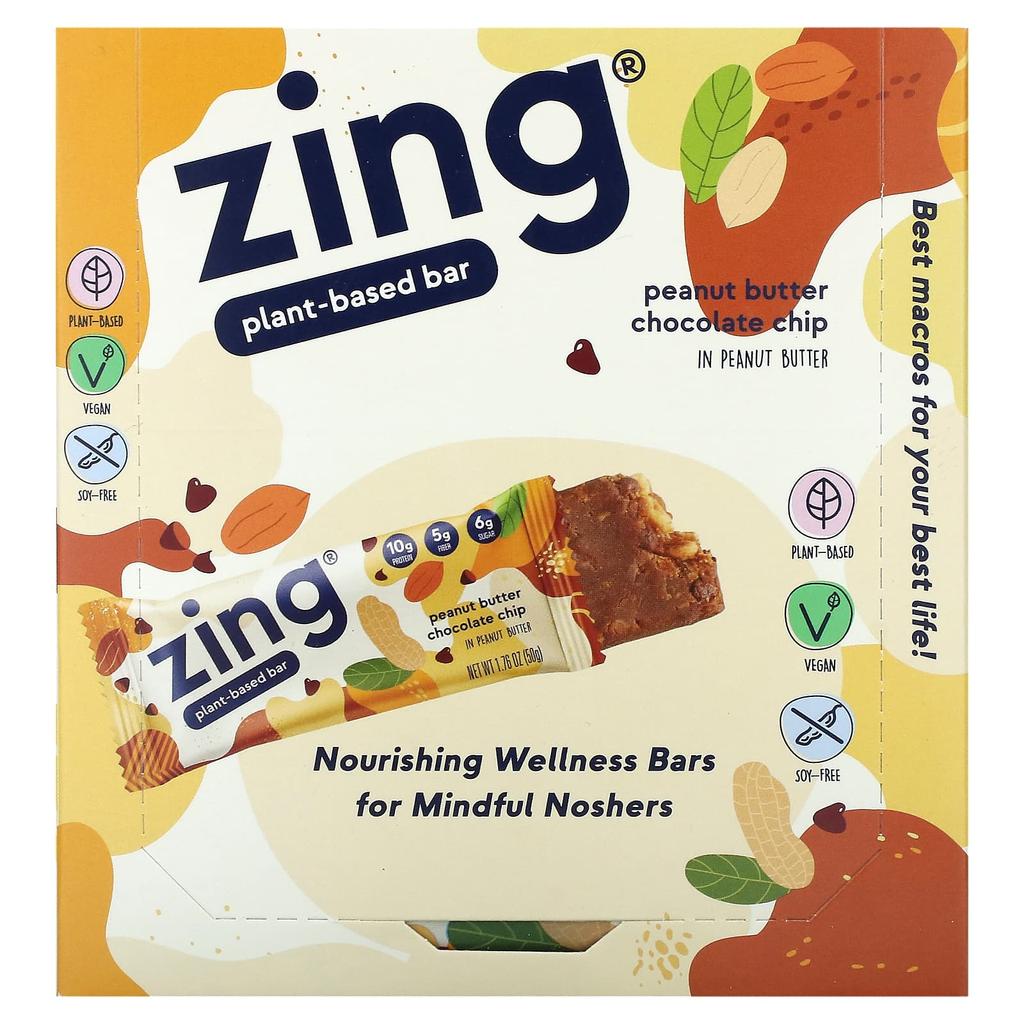 Zing Bars Vegan Bars, Peanut Butter Peanut Butter Chocolate Chip, 12 Bars, 1.76 Oz (50 G) Each