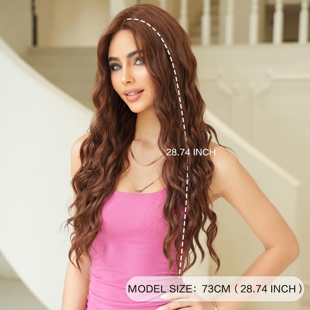 Женский коричневый парик с кружевной передней частью, ручной работы, длинный волнистый парик, пробор посередине, крупные волны, накладка для волос