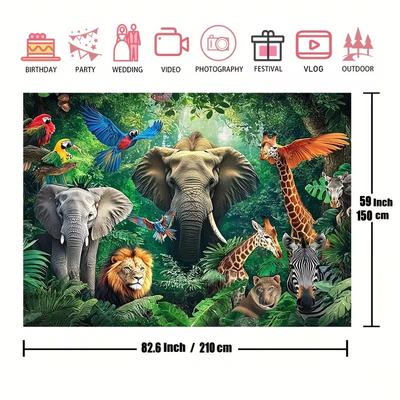 Большой настенный гобелен с животными джунглей 82,6"x59", Настенное искусство с изображением слона, льва, жирафа из тропического леса для вечеринки и фотофона