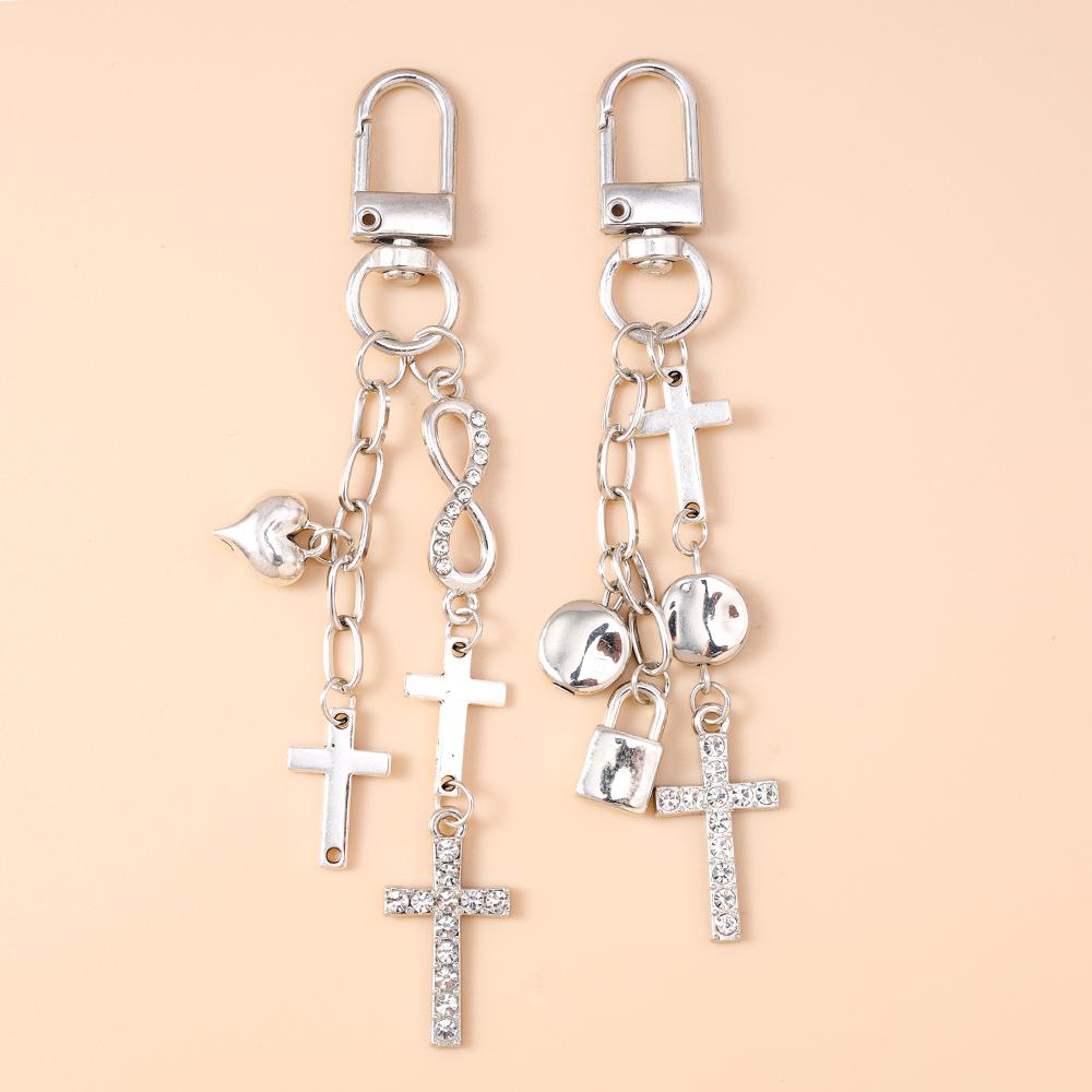 Fashion Religious Cross Keychain Crystal Pearl Key Ring for Women Girls Handbag Pendants DIY Key Chain Gothic Jewelry Gifts