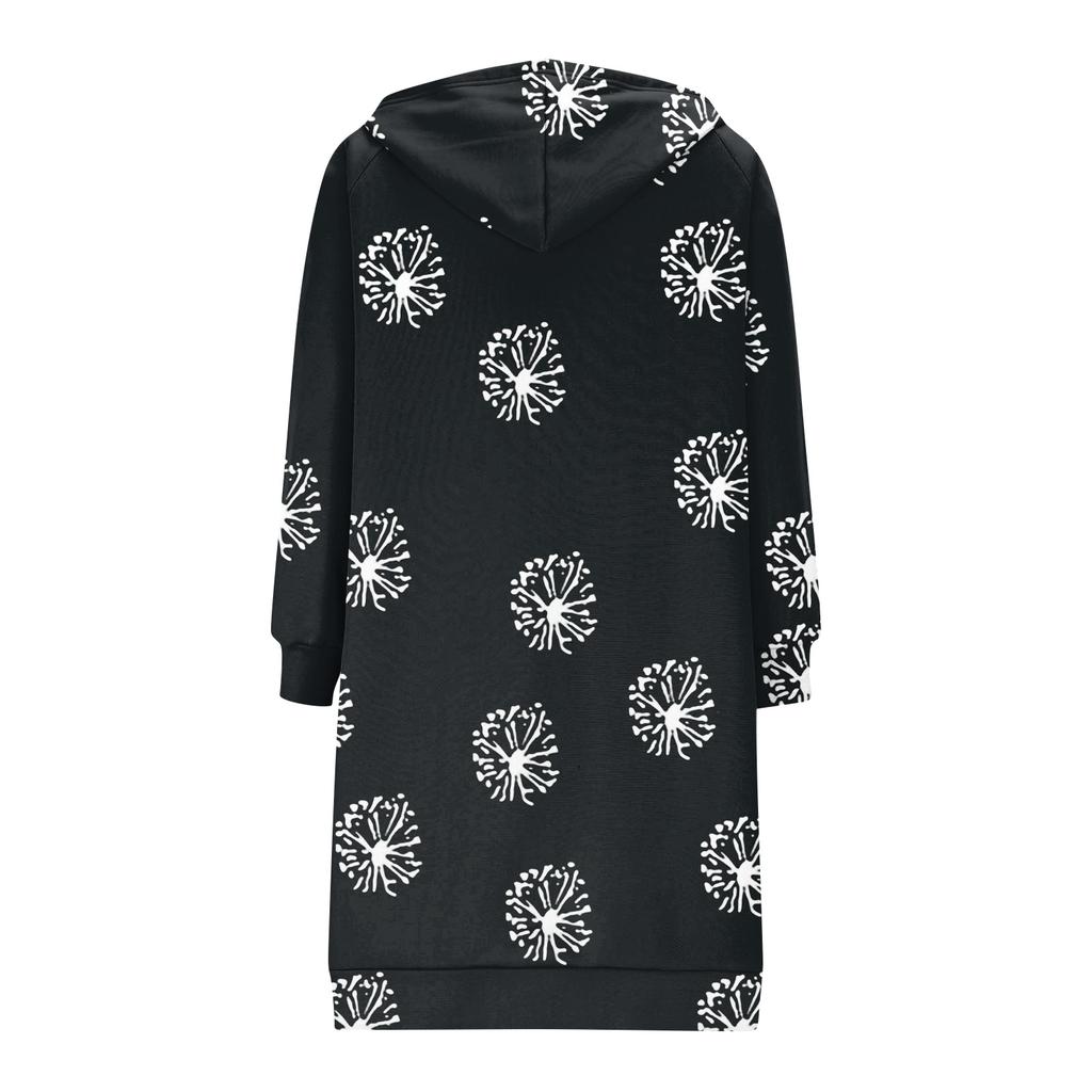 Women's Fashionable Printed Long Sleeved Drawstring Hooded Zipper Pocket Long Casual Sweatshirt Jacket