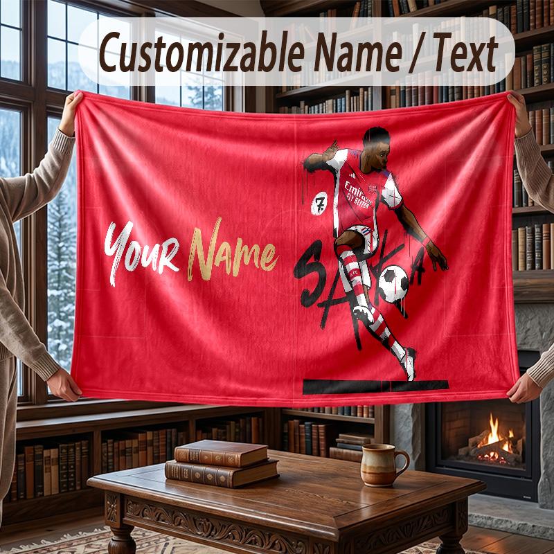 Custom Name Flannel Throw Blanket Bukayo Saka Pattern Warm Home Decoration