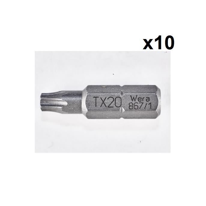 Embouts TORX - WERA - TX20 - Lot de 10 pcs - 20 x 25 mm - Réf 05066460001