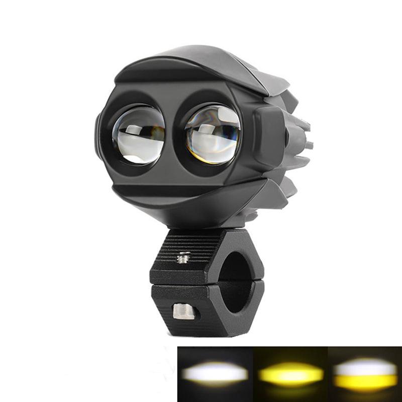 Motorcycle LED Spotlight Yellow-White Light: Super Bright Auxiliary Mini Driving Headlight for Electric Vehicles.
