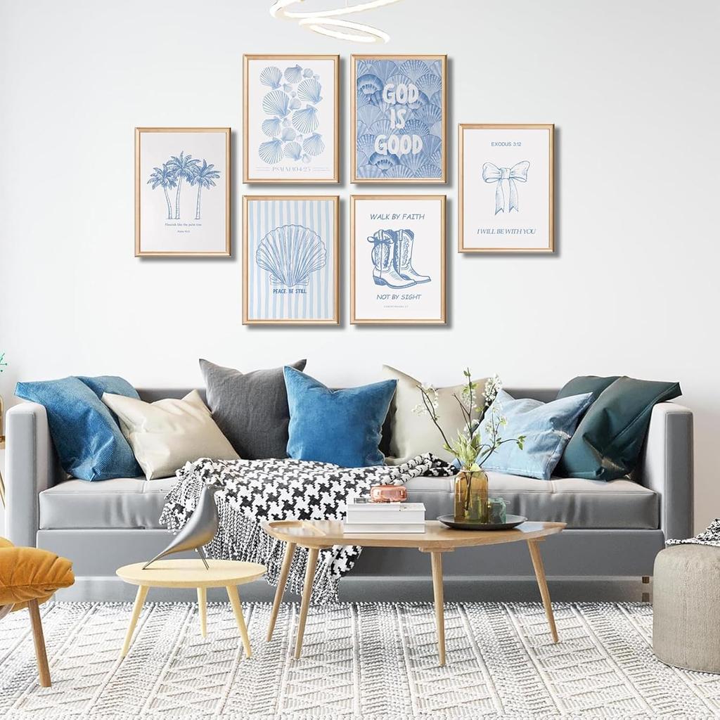 6 Pcs Coastal Christian Wall Art Blue Seashell Scripture Quote Wall Decor Pictures Coastal Granddaughter Preppy Religion Aesthetics Posters Prints