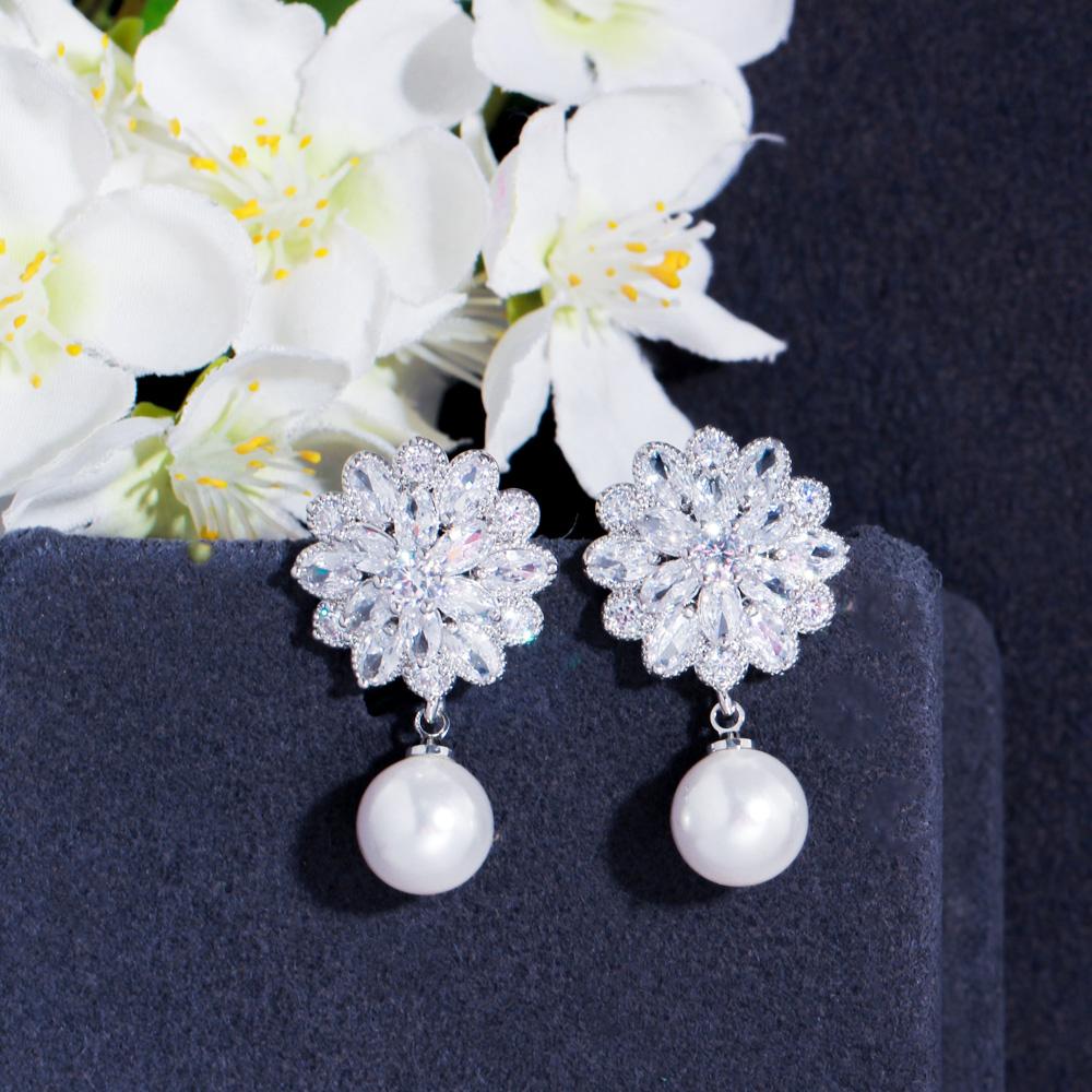 CMM великолепный кубический цирконий цветок падение Для женщин свадебное ожерелье из искусственного жемчуга серьги модные свадебные комплекты ювелирных изделий подарок