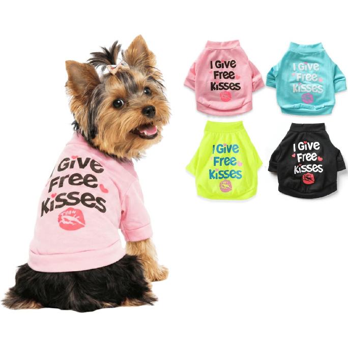 Dog T-Shirts for Small Dogs Girl Free Kisses Cotton Sleeve T Shirts for Puppy Girls, Medium