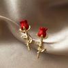 Inlaid Rhinestone Acrylic Rose Flower Earrings for Women 2024 New In Style Red Rose Stud Earring Gorgeous Luxury Zircon Gifts