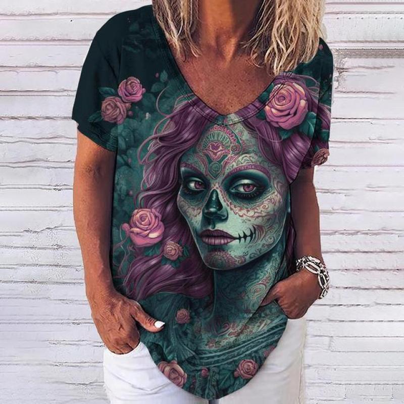 Лето 2023, новинка, женский топ с 3D принтом черепа ужасов и v-образным вырезом, футболка с короткими рукавами, повседневная забавная одежда Harajuku Y2K Day Of The Dead