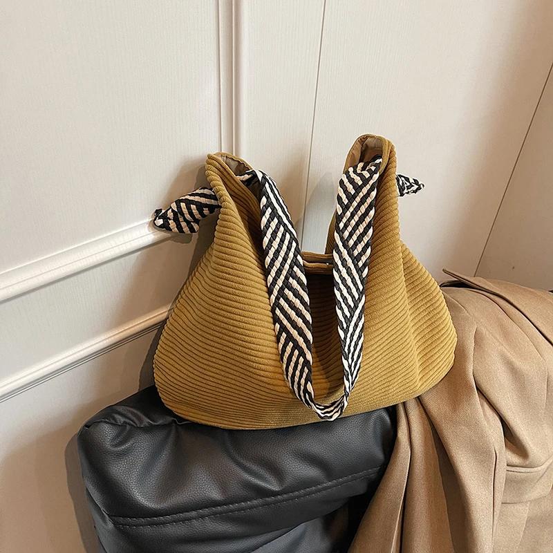 Corduroy Tote Bag For Women Large Capacity Soft Plush Lining Shoulder Handbag Commuting Shopping Daily Use Fashion Purse