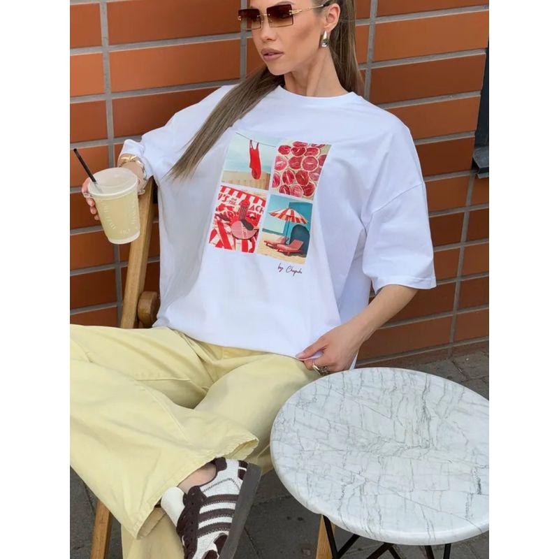 Western Style Fashion Casual Loose Print Round Neck Short Sleeve Cotton T-shirt Top Printed T-shirt Top