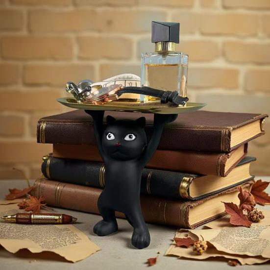 Cartoon Cat Key Storage Tray Resin Standing Cat Figurine Statue with Tray Multi-purpose Jewelry Trinket Holder Organizer Decoration