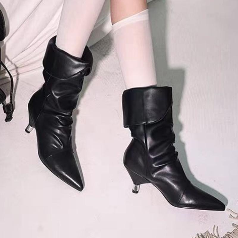 Дизайнер Моды 2025 Новые Женские Ботильоны Плиссированный Острый Носок Обувь на Высоком Каблуке Сексуальное Платье Вечеринка Зима Готическая Мода Сапоги Женские Туфли