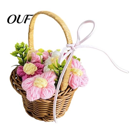 Handcrafted Wool Crochet Flowers Hand Knitted Flower Basket, Decorative Mini Crocheted Floral with Handmade Woolen Decor Ribbon, Plant Ornament