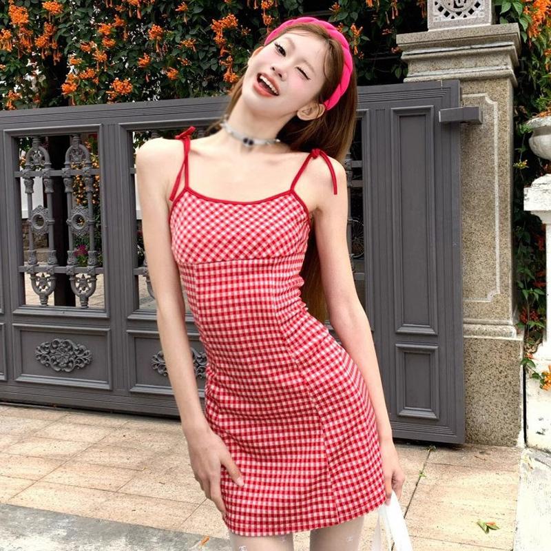 Women's Dress Plaid Slip Dress Lace-up Shoulder Strap Backless Beach Dress