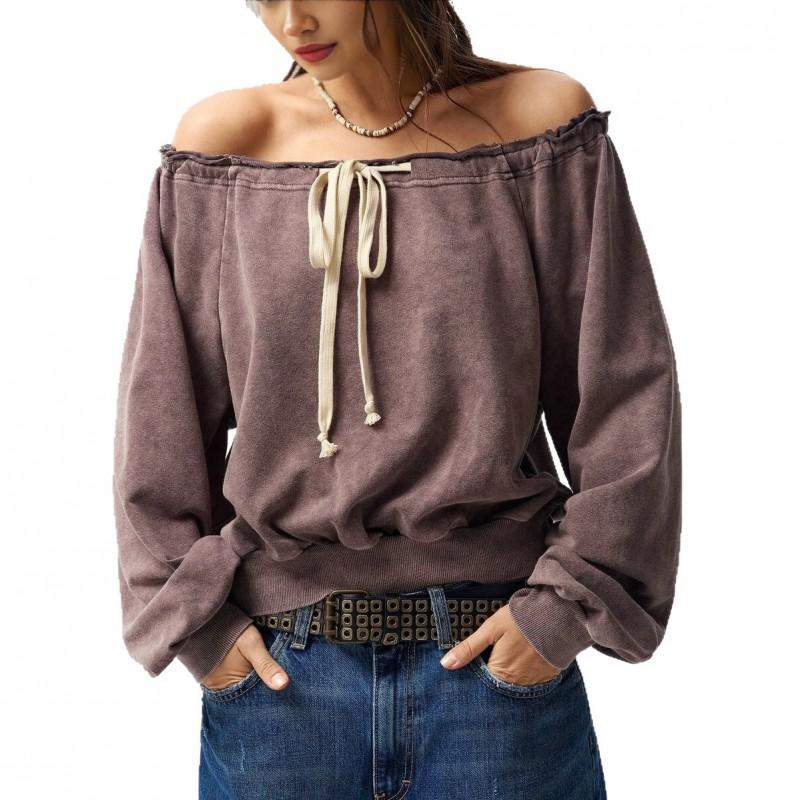 Womens Loose Fit Drawstring Off-Shoulder Hoodless Sweatshirt Winter 2026 Casual Cotton Blend Long Sleeve Top